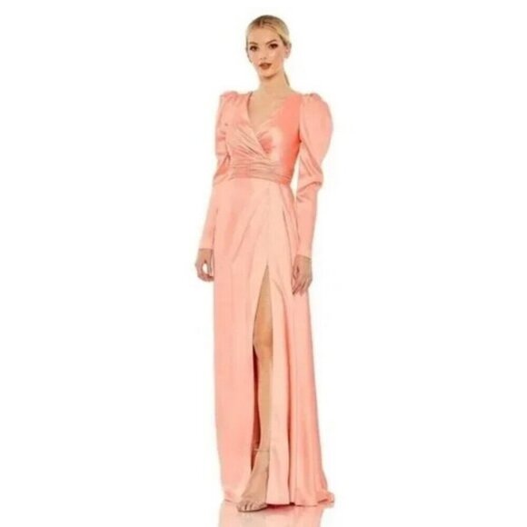 Mac Duggal Peach Puff Long Sleeve Satin Faux Wrap Gown